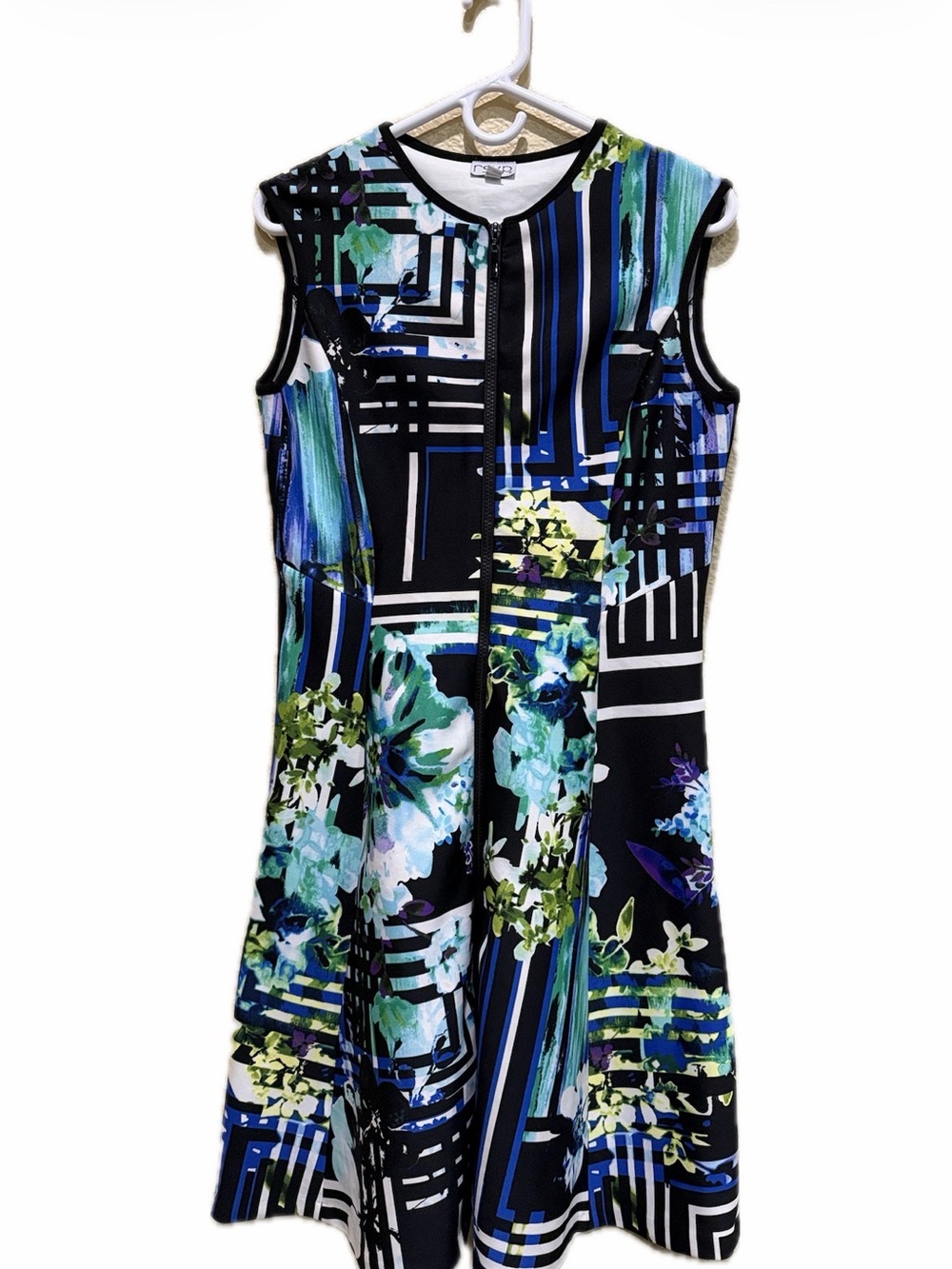 RSVP by Studio I Geometric Floral Zip Front Fit & Flare Dress Blue Green 10